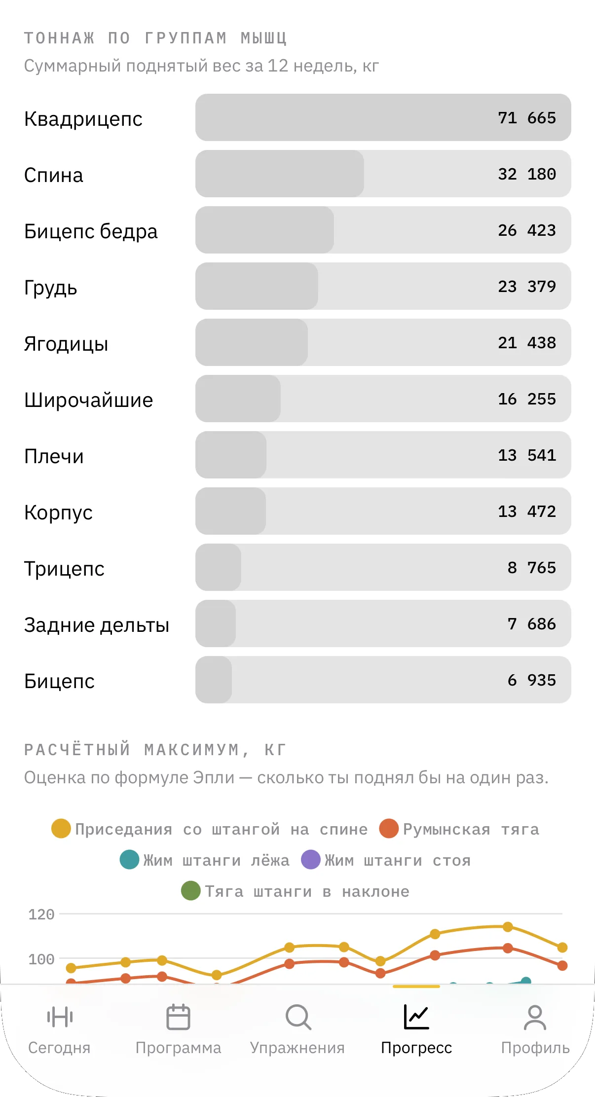 Экран прогресса: тоннаж по одиннадцати группам мышц, от квадрицепса до бицепса